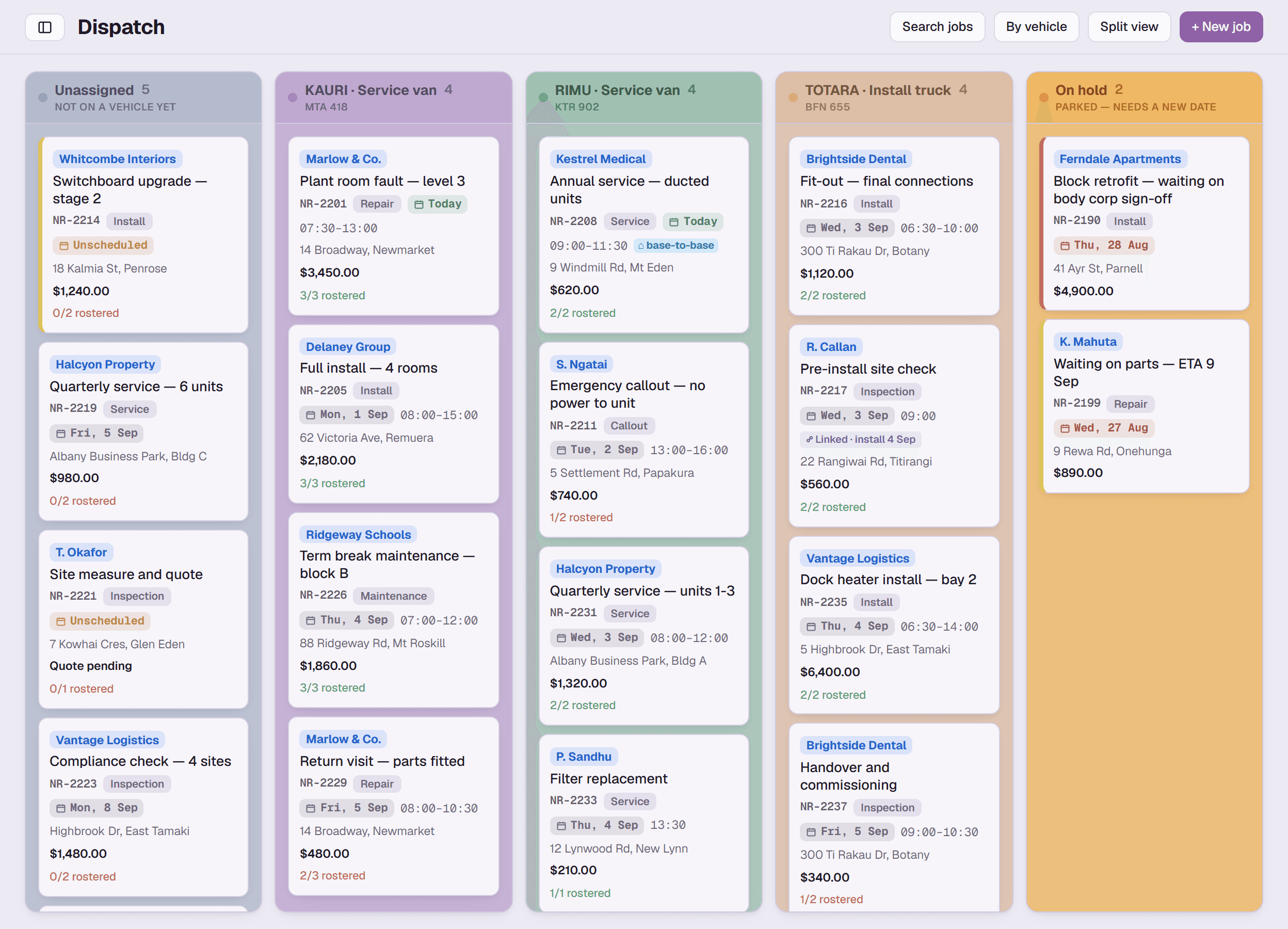A job board with columns for unassigned work and for each vehicle, showing customer, job type, date, address and value.