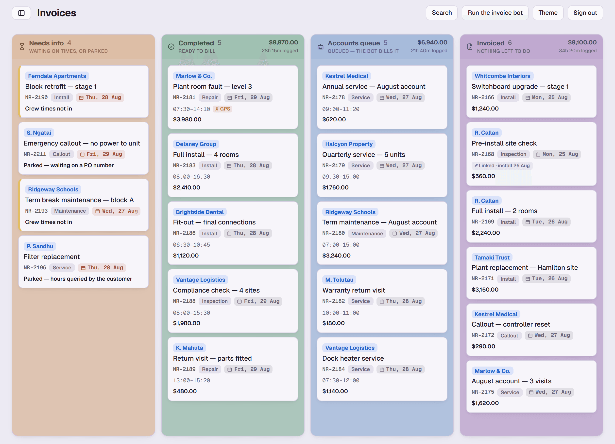 An invoice board with columns for jobs needing information, completed jobs ready to bill, a queue for the bot, and invoiced work.