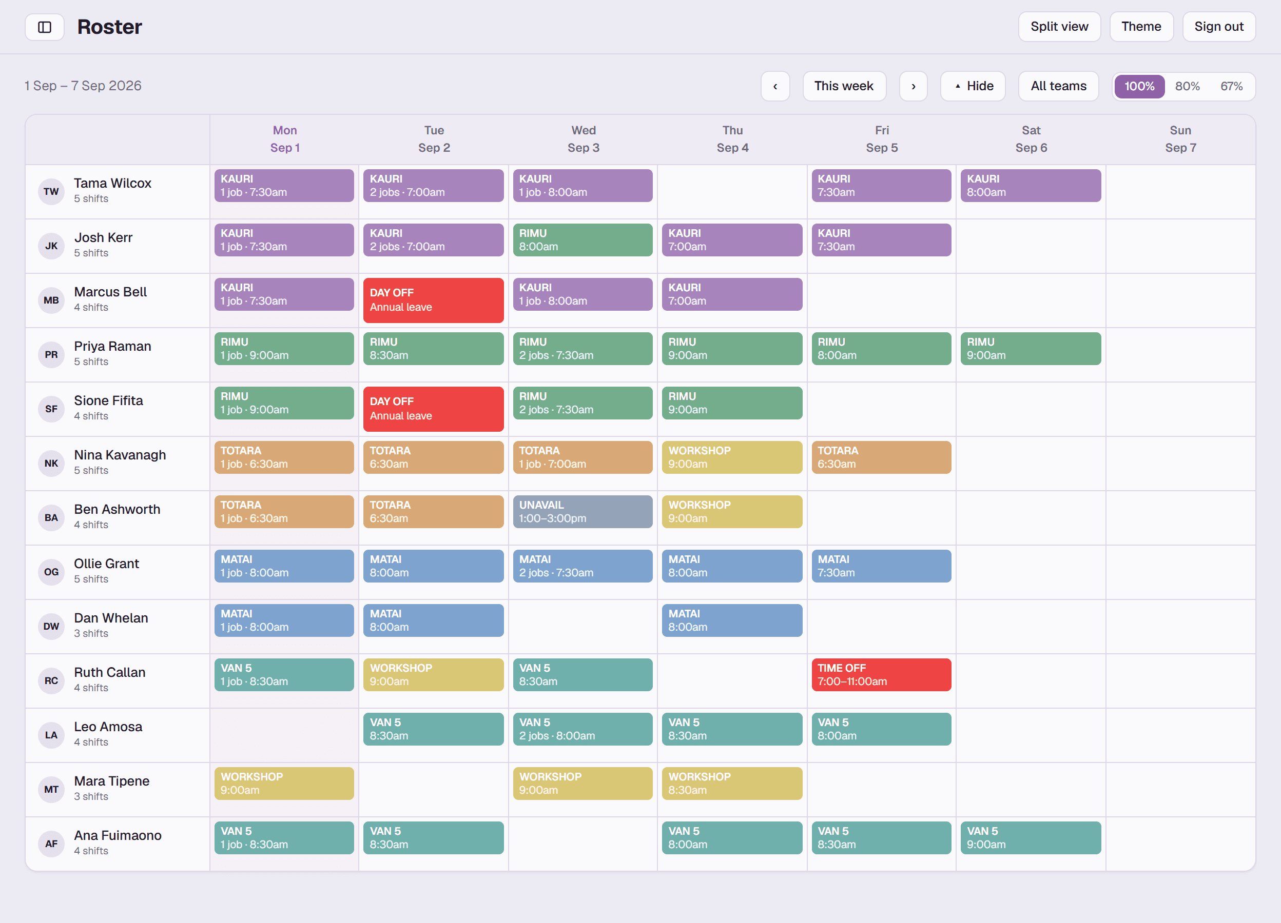 A weekly roster grid of staff against days, showing which vehicle each person is on, plus days off and unavailability.